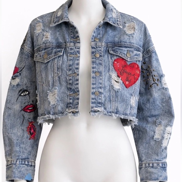 PQUCE Jackets & Blazers - PQUCE One of a Kind Hand Painted Studded Acid Wash Denim Jacket Size M